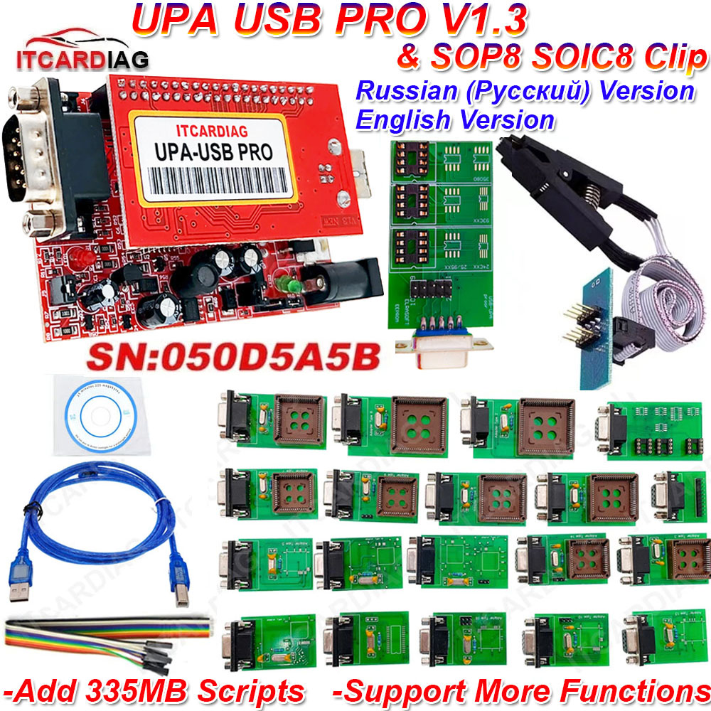 ITCARDIAG V1.3 UPA-USB SN:050D5A5B и SOP8 SOIC8 Clip ECU Chip, настройка с полным сценарием 350 МБ Upa USB-программатором для Windows 7/10