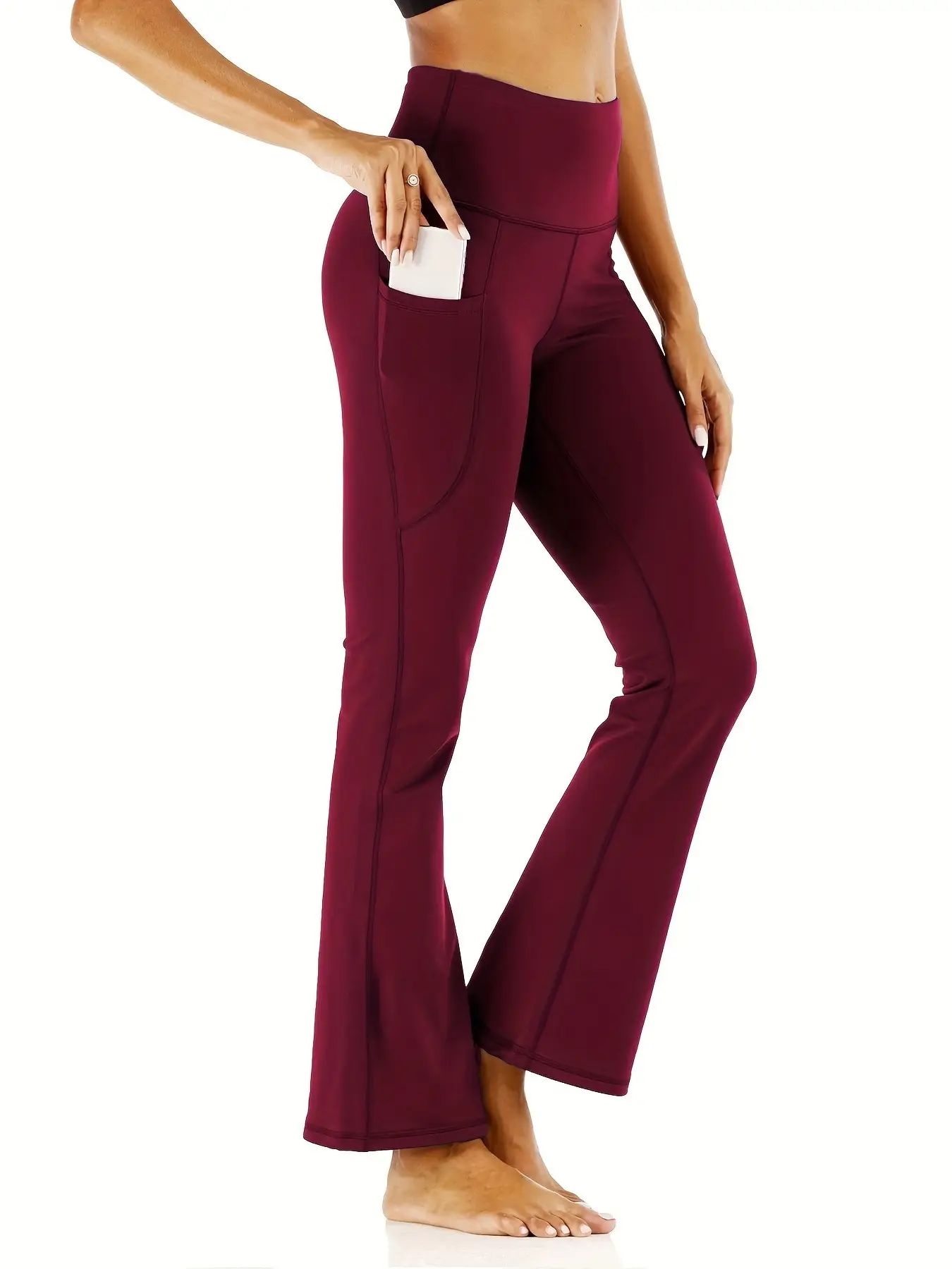 Uitlopende damesbroek met zakken, yogabroek met uitlopende pijpen, hoge taille, fitness, casual buikwandcorrectiebroek
