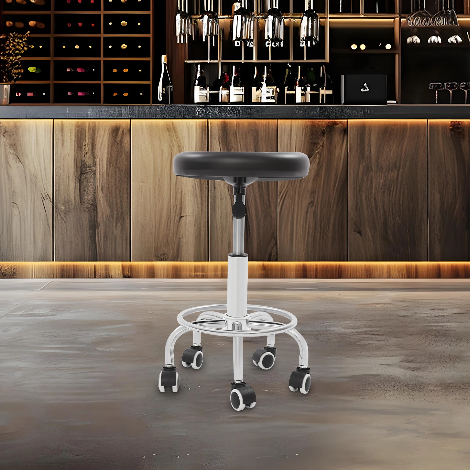 Altezza regolabile 360 °   Sgabello da bar girevole con rotelle Sgabello da salone Spugna in acciaio Nero Argento Moderno 5 ruote