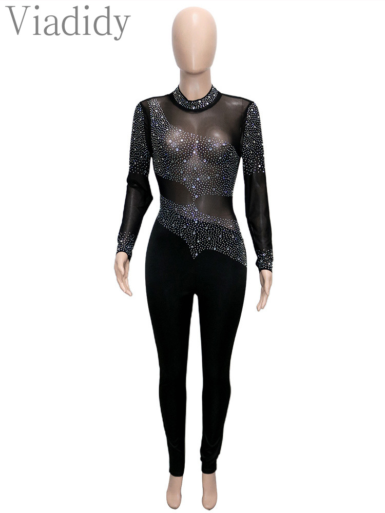 Frauen Sexy Sheer Mesh Patchwork Langarm Strass Dekor Backless Skinny Overall