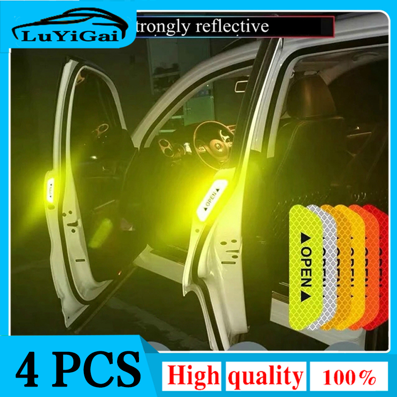 Pegatinas reflectantes de advertencia Anticolisión de seguridad para puerta de coche, papel reflectante de larga distancia, pegatinas decorativas, 4 piezas