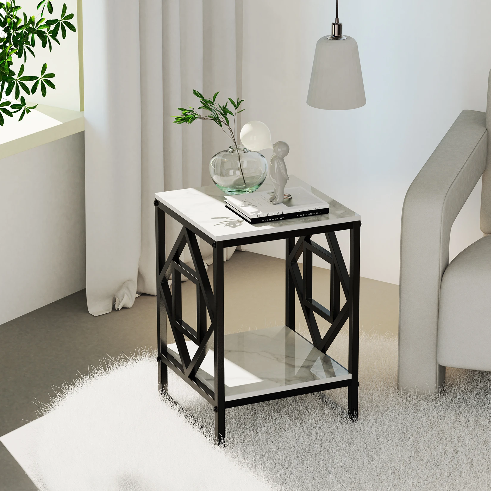 Tavolino con piano in marmo bianco, tavolino da divano, comodino, comodino, struttura rivestita in nero