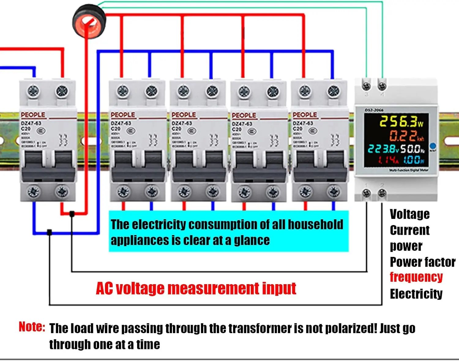 Single Phase Energy Meter Din Rail Electricity Usage Monitor AC 40-300V 100A Voltmeter Ammeter Watt Kwh Frequency Power Meter