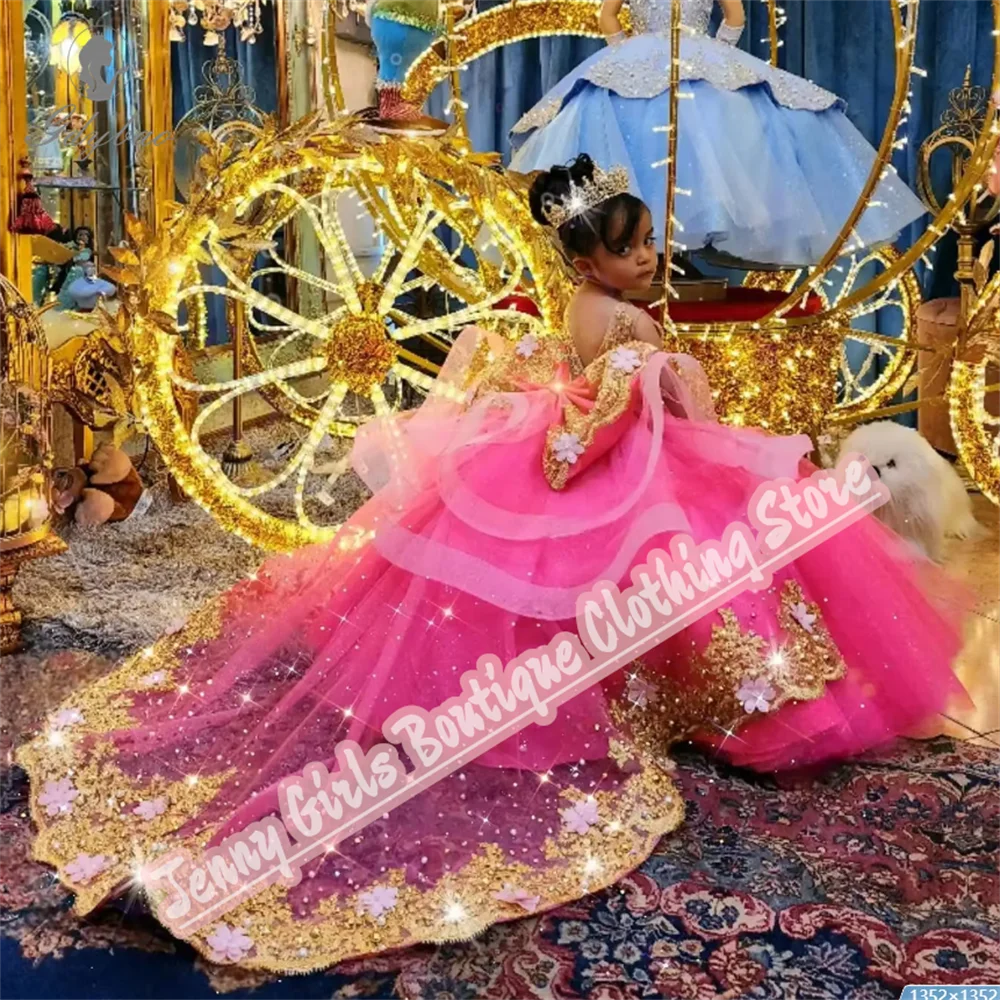 Vestidos largos de fiesta para niña, color rosa, con apliques dorados, boda, desfile de cumpleaños personalizado, vestido para eventos de fiesta, 2025