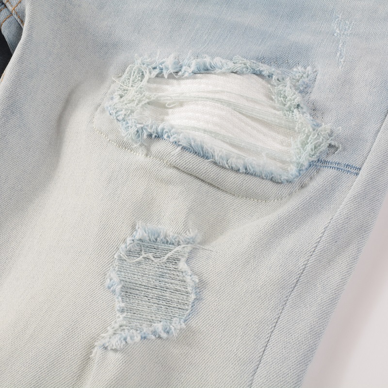 Männer Blass Hellblau Biker Jeans Rissige Plissee Patch Patchwork Stretch Denim Hosen Streetwear Löcher Zerrissene Dünne Hosen