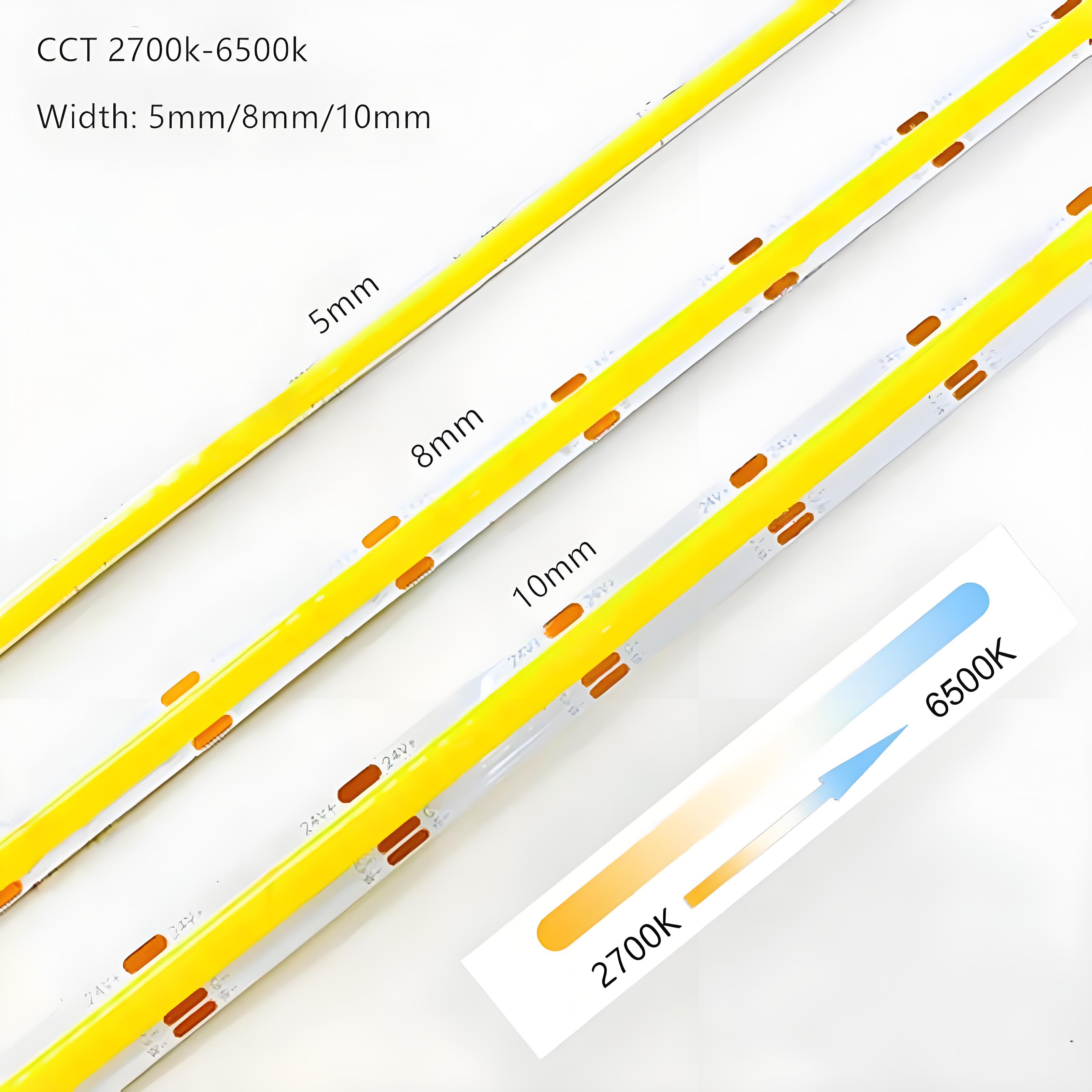 12V 24V DC CCT COB LED Strip Light 2700K-6500K RA90 Dimmable Flexible Dual Color Changing LED Tape Linear Ribbon 5mm 8mm 10mm