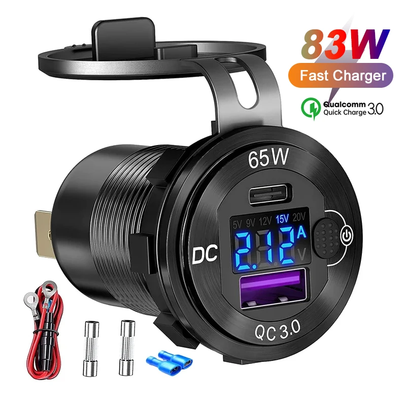 12V/24V USB carga de coche 83W PD tipo C toma de carga rápida enchufe de ordenador portátil con voltímetro adaptador de carga de toma de corriente de motocicleta