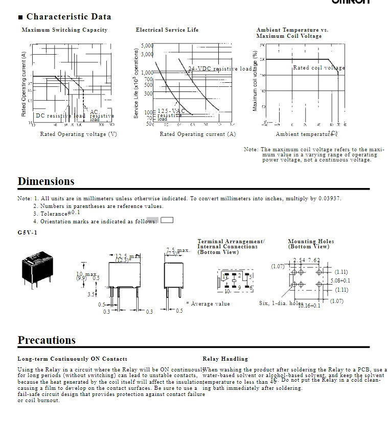 G5V-1-5VDC G5V-1-12VDC G5V-1-24VDC G5V-1-3VDC G5V-1-9VDC Relé de señal baja Un abierto y otro cerrado 6 pines 1A