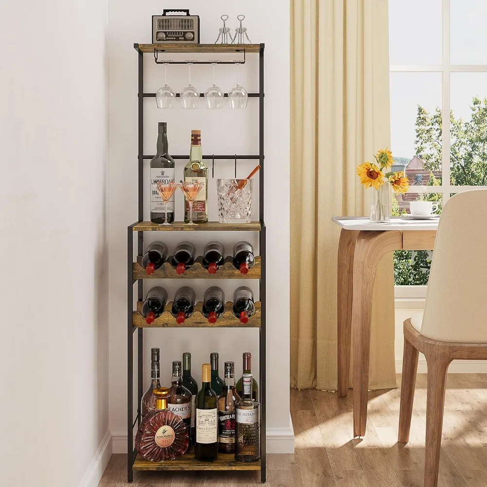 5-Tier Wine Rack Freestanding Floor, Liquor Bar Stand with Glasses Holder and 4 S Hooks, Corner Mini Bar Cabinet for Small Space