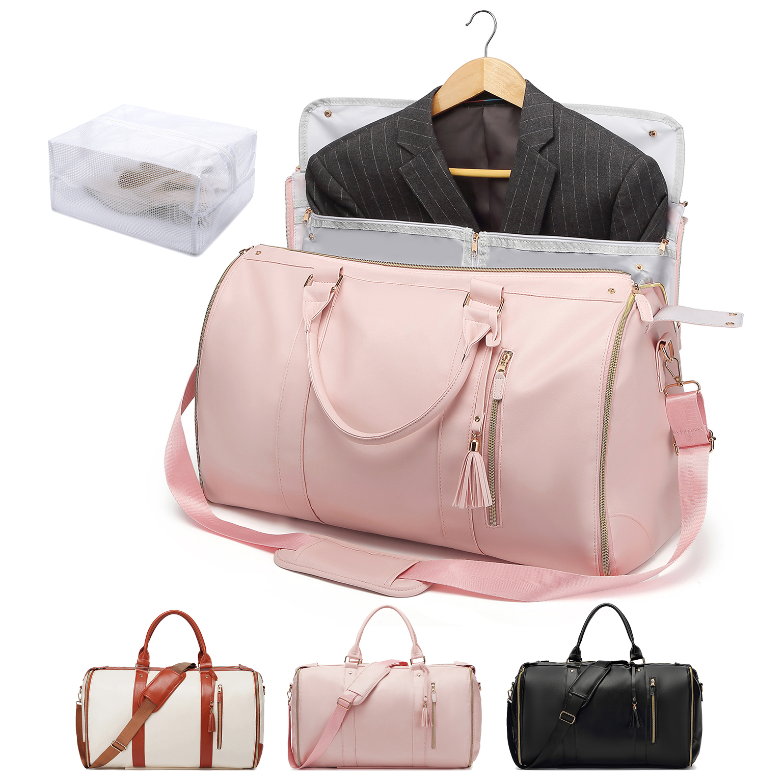 55L große Kapazität, wasserdichte Reise-Kleidertasche aus PU-Leder mit Schuhbeutel, 2-in-1-Handgepäck-Reisetasche