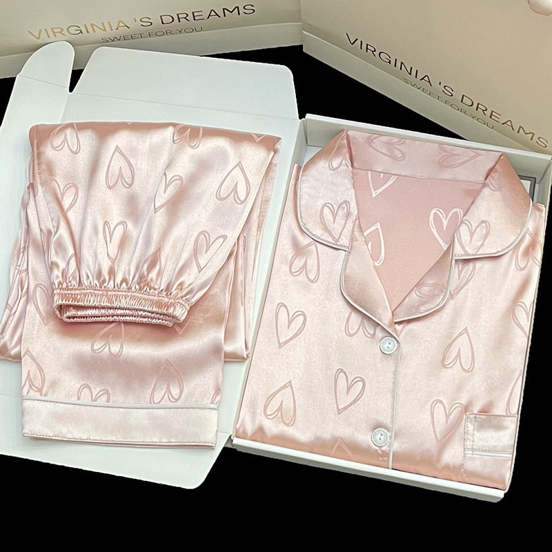 Pijamas de seda gelo feminino manga longa renda premium sentido duas peças terno doce homewear amor azul senhoras pijamas loungewear