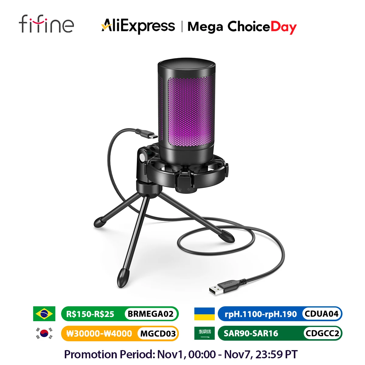 AmpliGame by FIFINE RGB-USB-Gaming-Mikrofon mit Licht-Touch-Stummschaltung, Kondensatormikrofon mit Stativ für PC, PS4/5, Laptop-Streaming-A2