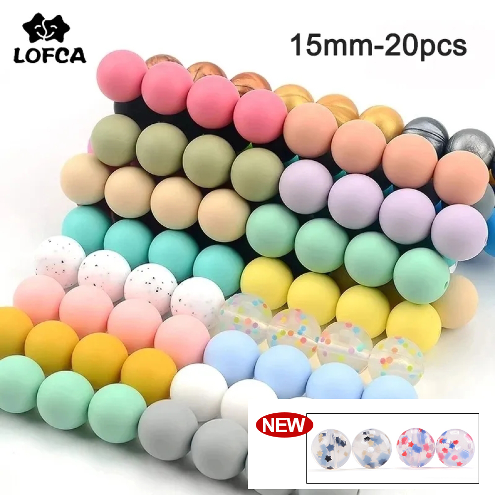 LOFCA 15 mm 20 Stück Silikonperlen, lebensmittelechtes Silikon, Beißring, runde Perlen, Baby-kaubare Zahnungsperlen, Silikon-Beißring für Heimwerker