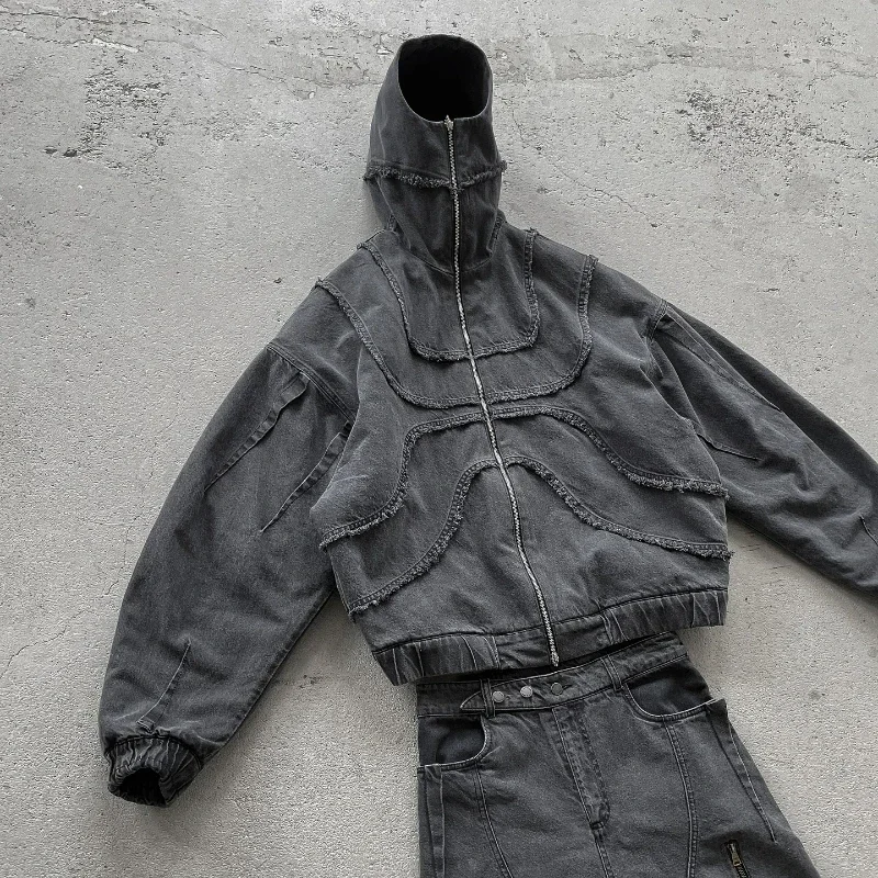 Y2K Denim Jacket American Splicing Style Gothic Vintage Trend Unisex Streetwear Punk High Street Oversized Leisure Zip Up Hoodie