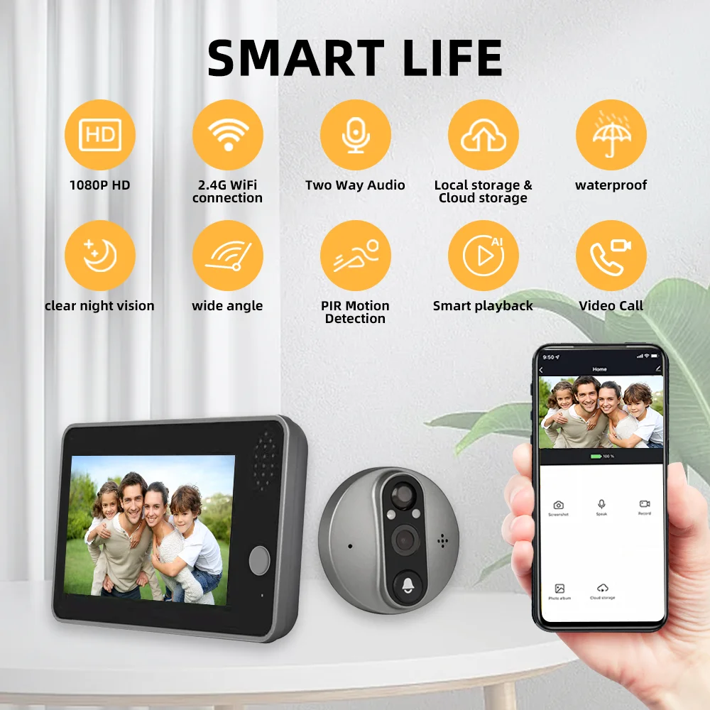 1080P Tuya Smart WiFi Door Bell Eye Peephole Camera Viewer 2-way Audio Home Security  4.3' FHD Digital Viewer Alexa Doorbell
