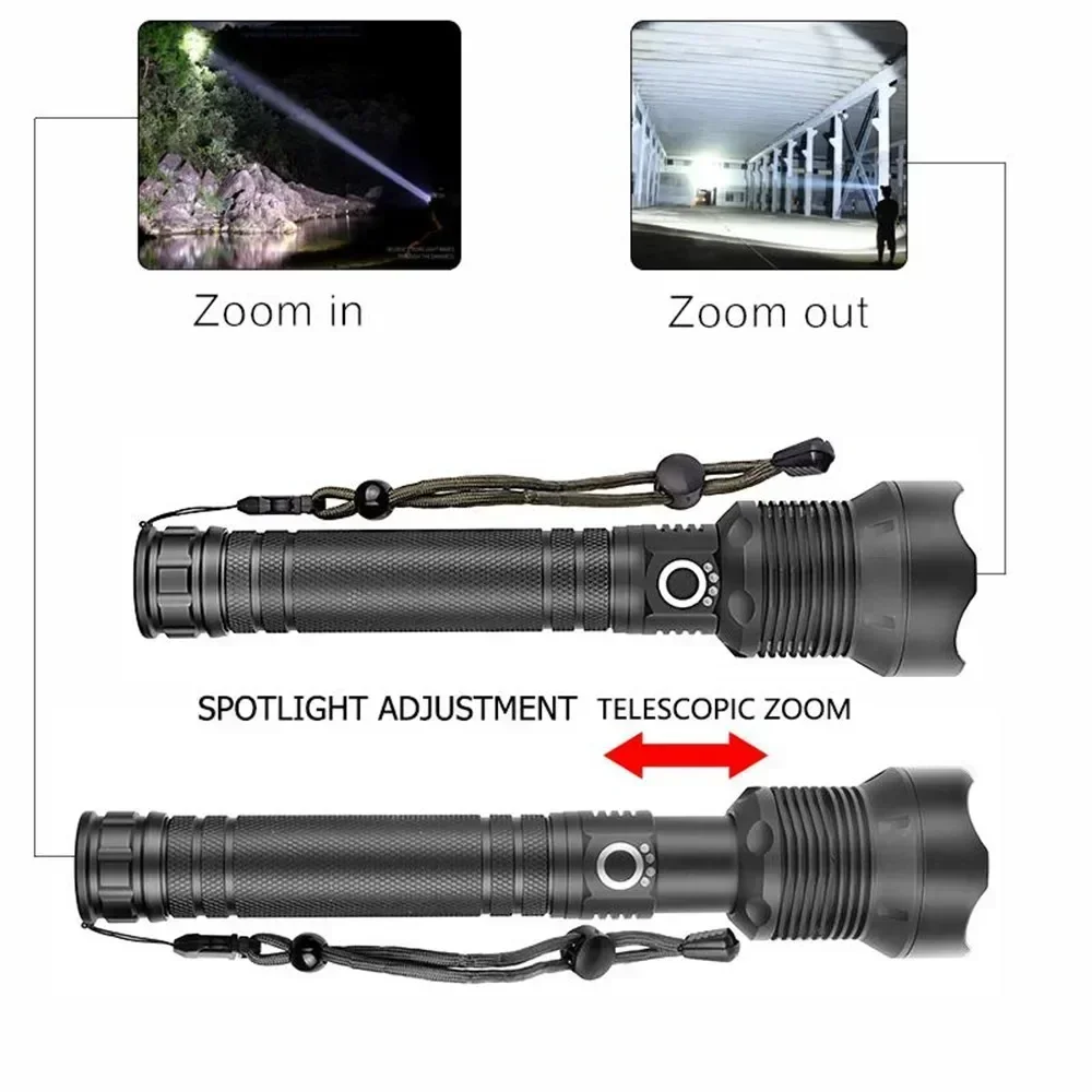 Linternas LED recargables Linterna impermeable con zoom superbrillante de 90000 lúmenes con 3 modos potentes para acampar y hacer senderismo