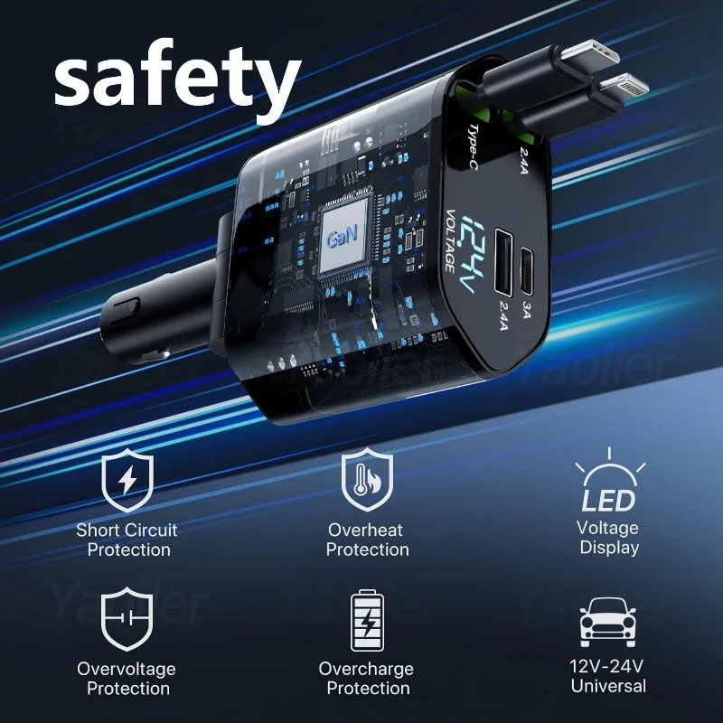 すべての新しい格納式車の充電器 120 ワット 4 in 1 超高速充電自動車電話充電器 PD USB ポート iPhone Samsung Huawei Xiaomi 用