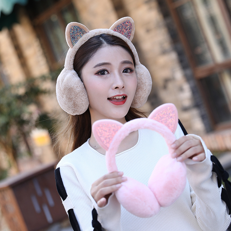Orejeras encantadoras de piel para mujer y niña, orejeras bonitas para invierno, orejeras de gato, orejeras con lentejuelas brillantes, auriculares de felpa suaves, diadema cálida