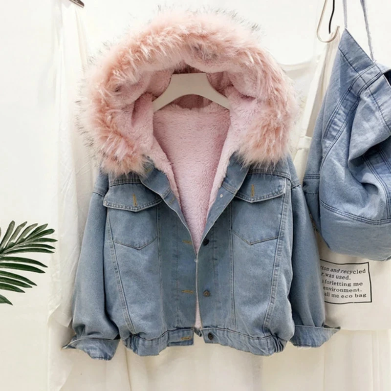 Faux Pelz Kragen Denim Jacke Frauen Winter Mit Kapuze Warme Jean Mantel Student Grundlegende Parkas Weibliche Bomber Jacke