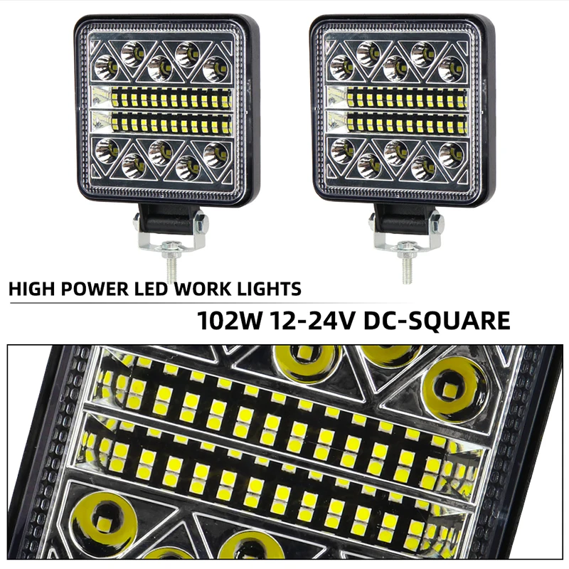 1 pièces 102W barre lumineuse projecteur tout-terrain LED barre lumineuse de travail 3030 LED 34SMD carré pour tracteur SUV camion conduite antibrouillard
