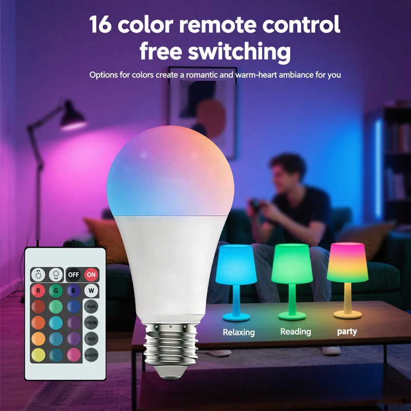 16 Colors RGBW Bulb LED Multicolor Bulb E27 Base 220V Household Lighting Dimmable 24 Key Remote Control Atmosphere Neon Light