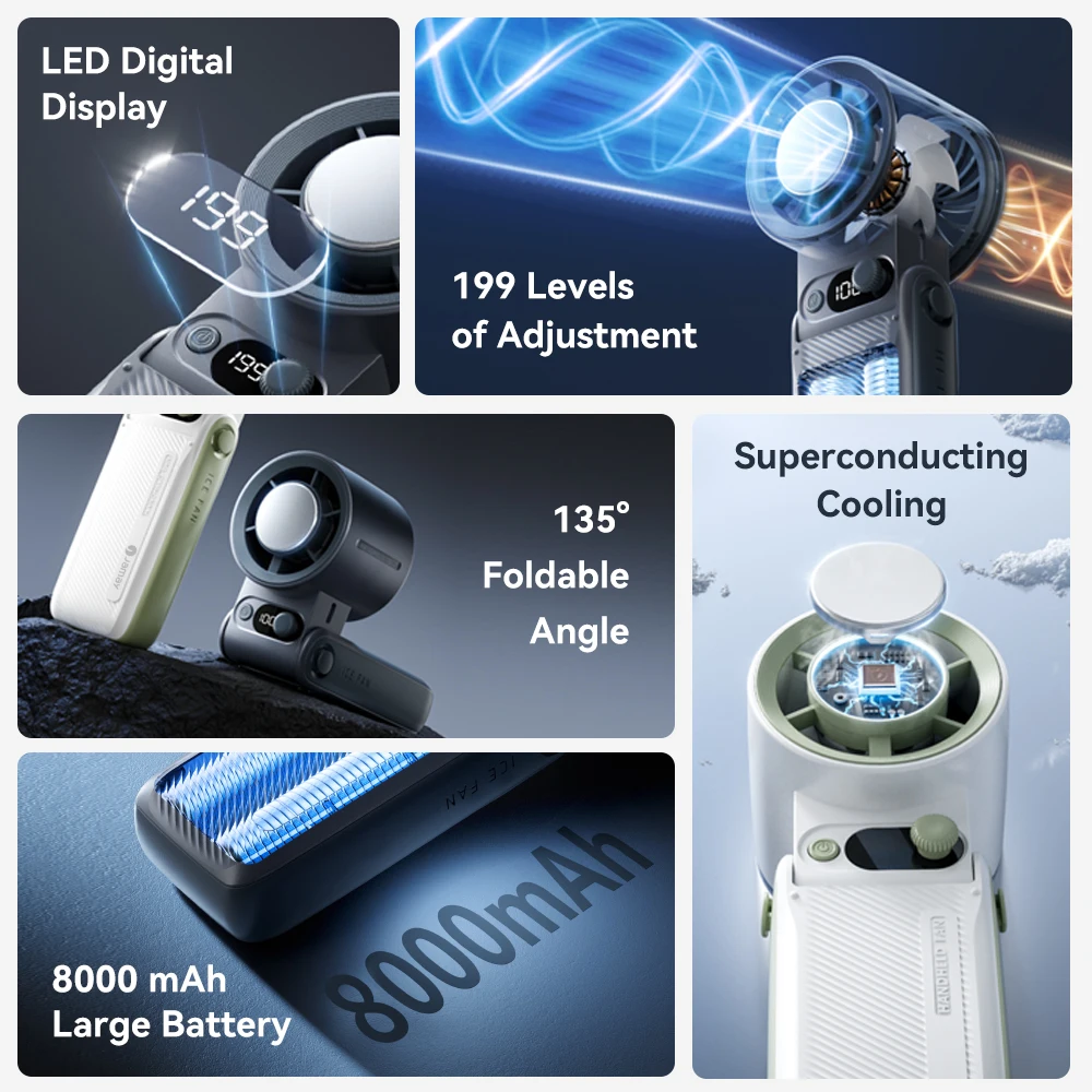 Tragbarer Handventilator, starker Wind, 199 Gänge, Windgeschwindigkeit, LED-Digitalanzeige, verstellbar, Turbo, tragbar, für den Außenbereich, 8000 mAh