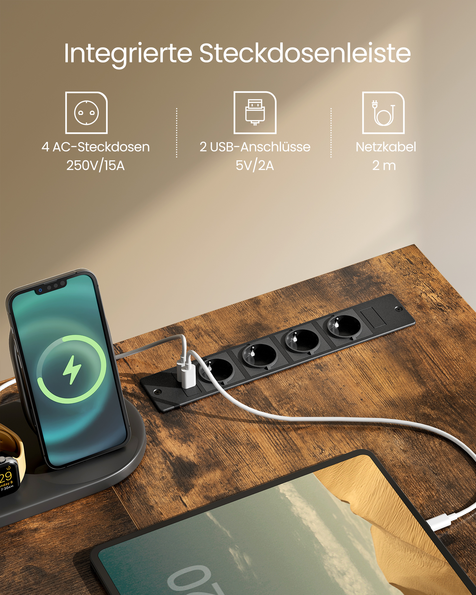 VASAGLE L-förmiger Schreibtisch mit Steckdosen, Eckschreibtisch, Computertisch, Monitorständer, Gaming-Tisch, LED-Beleuchtung