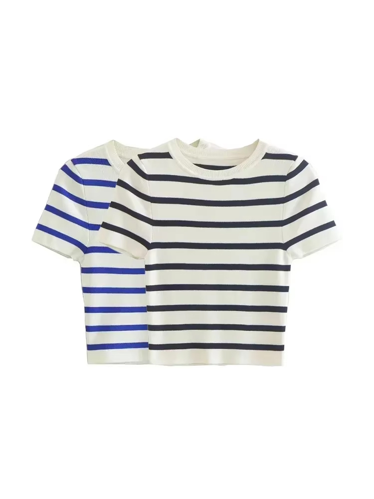 Damesmode Gestreepte Basic Cropped Gebreide Trui Vintage O Hals Korte Mouw Vrouwelijke Truien Chique Tops