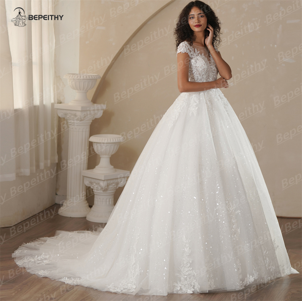 BEPEITHY Customized Cap Sleeves Bride Ivory Wedding Dresses For Women 2025 Court Train Lace Glitter Sexy Backless Bridal Gown