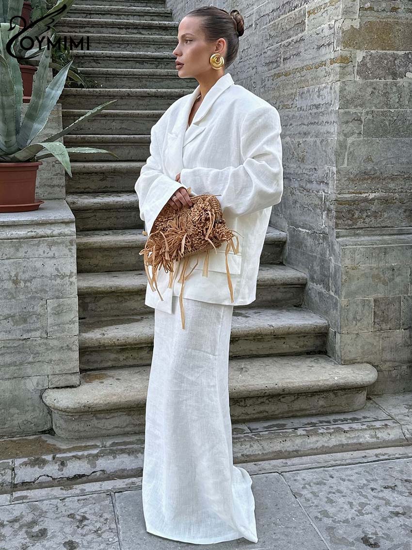 Oymimi повседневный белый комплект из двух предметов для женщин, элегантные пиджаки с длинными рукавами и карманами и прямые юбки длиной до пола с высокой талией, комплекты