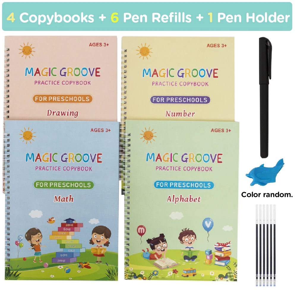 Set di quaderni con inchiostro magico da 4 pezzi per bambini, quaderni di esercizi riutilizzabili per la scrittura a mano per la progettazione di modelli di scanalature e ausilio per la scrittura a mano
