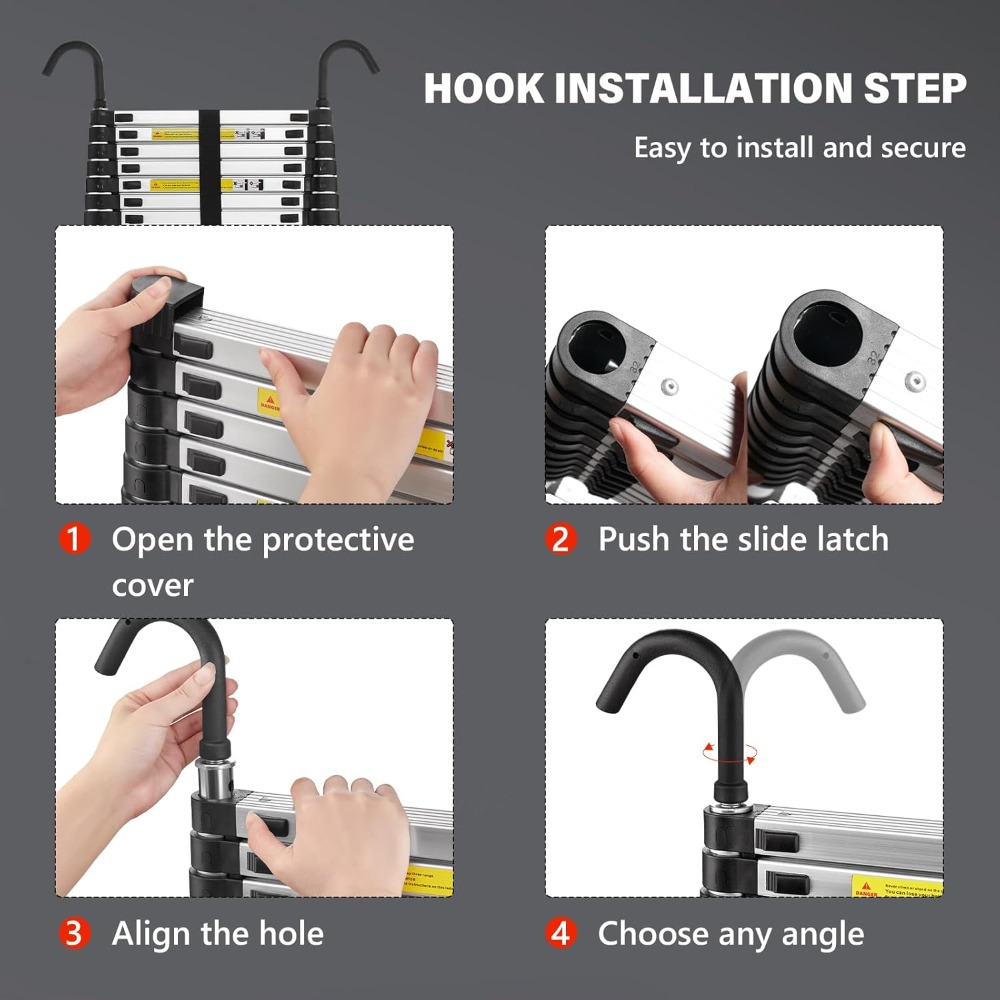 Escalera Telescópica de 6,2m de Aluminio, Pliable, Escalera Extensible con Barra de Equilibrio con Reposabrazos Extraíble, Mu