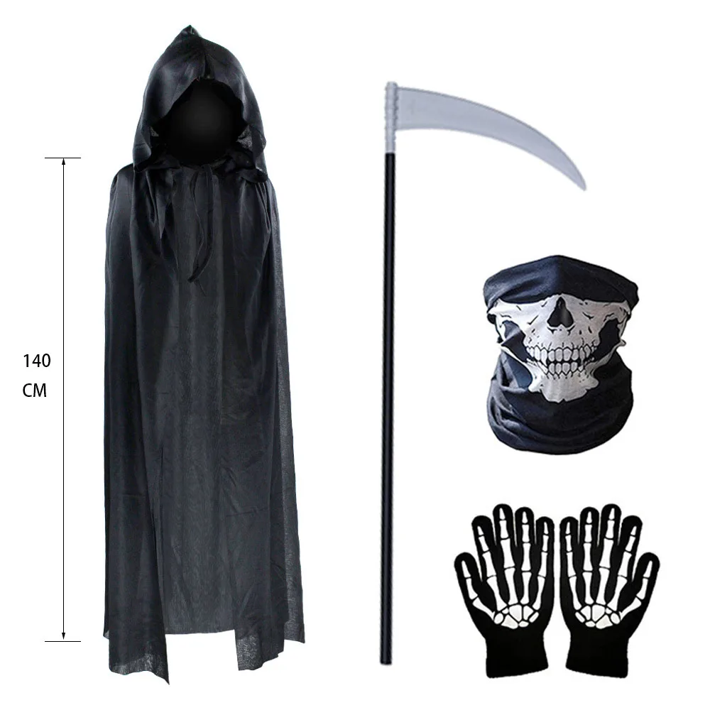 Terror Stitch Fiesta de Halloween Cosplay Niños Adultos Manto Negro de la Muerte, Halloween Cráneo de la Muerte Esqueleto Bola Traje Prop Set
