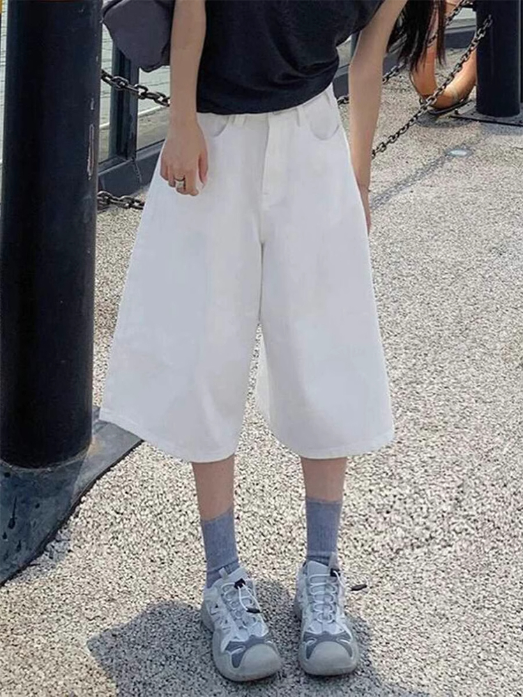 orts de Denim Branco de Perna Larga para Mulheres, Verão, Estilo Americano Retro, Cintura Alta, Soltos, Emaecendo, Tamanh...