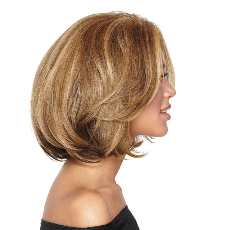 Natural luz marrom mix ouro ondulado peruca moda loira resistente ao calor meio separação sintética bobo perucas curtas para mulher
