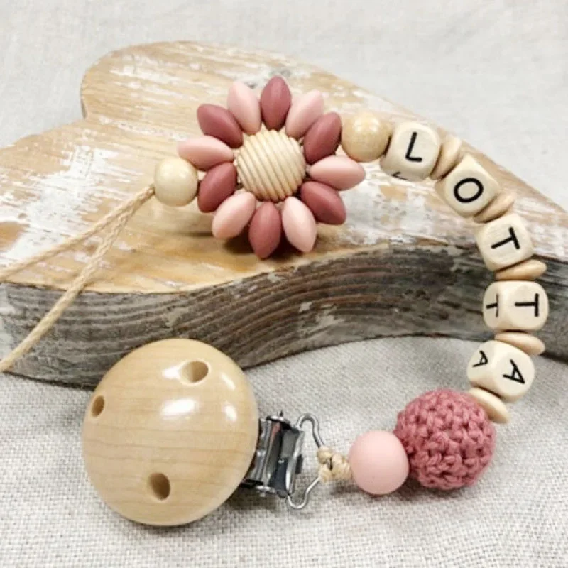 Baby Custom Name Silicone Beads Flower Ring Pacifier Clips Safe Teething Chains Teether Eco-friendly Dummy Beech Clips Holder
