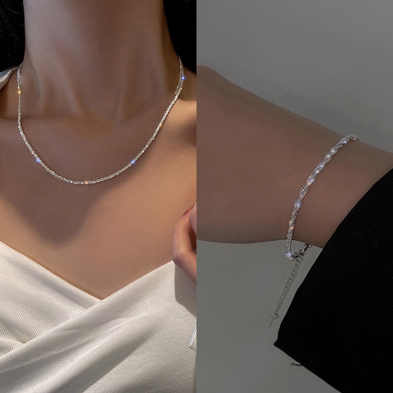 Shiny Sparkling Necklace Bracelet Set For Women Girls Minimalist Silver Plated Clavicle Chain Starry Sky Jewelry Accessories