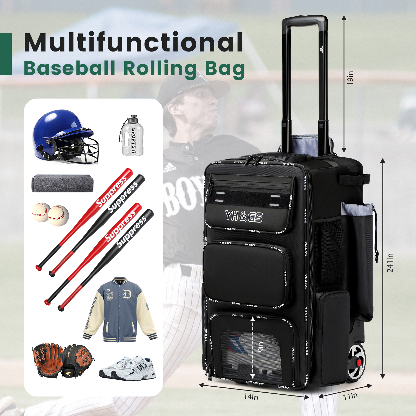 Carrinho de beisebol com rolamento, bolsa de beisebol para esportes ao ar livre com gancho para cerca, bagagem de beisebol leve, bolsa de softball juvenil