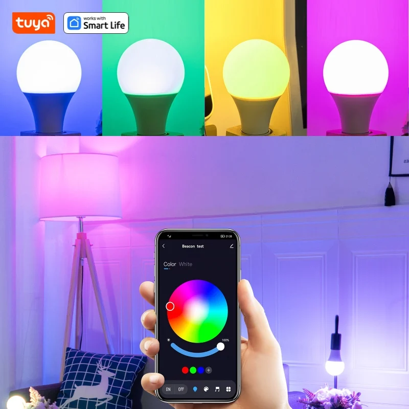 Tuya สมาร์ทหลอดไฟ LED E27 APP ควบคุมหรี่แสงได้บลูทูธ RGB 220V ตกแต่งห้องนอนแสง Smart Life