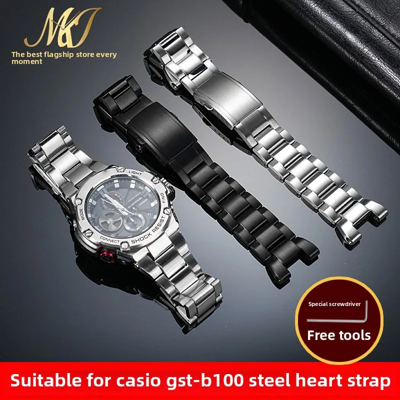 Untuk Casio G-SHOCK Gelang Jam Logam Hati Baja GST-W300G 400G S130 GST-B100 GST-210 Aksesori Tali Jam Tangan Baja Tahan Karat Solid