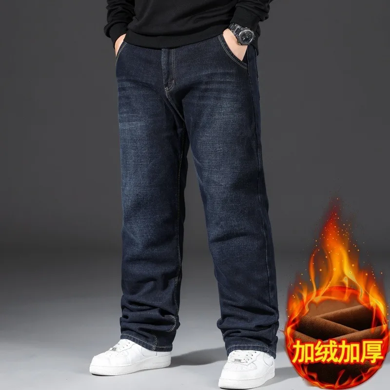 PLUS ขนาด DENIM กางเกงยีนส์ผู้ชายหนาฤดูใบไม้ร่วงและฤดูหนาวขนแกะกางเกงหลวมตรงคุณภาพสูง Casual Elastic WARM กางเกงแฟชั่น
