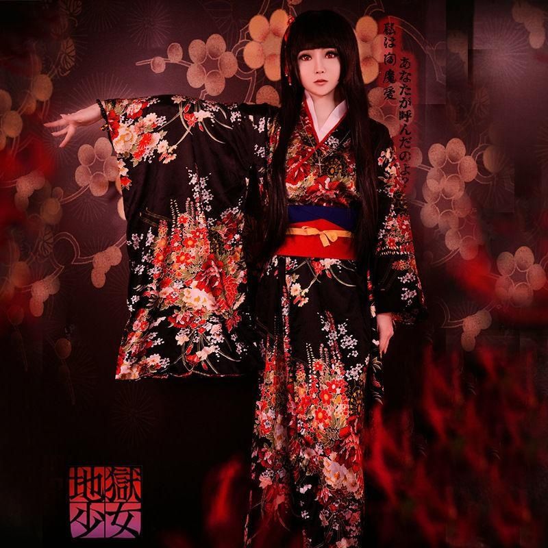 Kimono Jigoku Shoujo Enma Ai Maid Kleid Yukata Uniform Outfit Japanische Anime Cosplay Kostüme Kimono Robe mit Obi