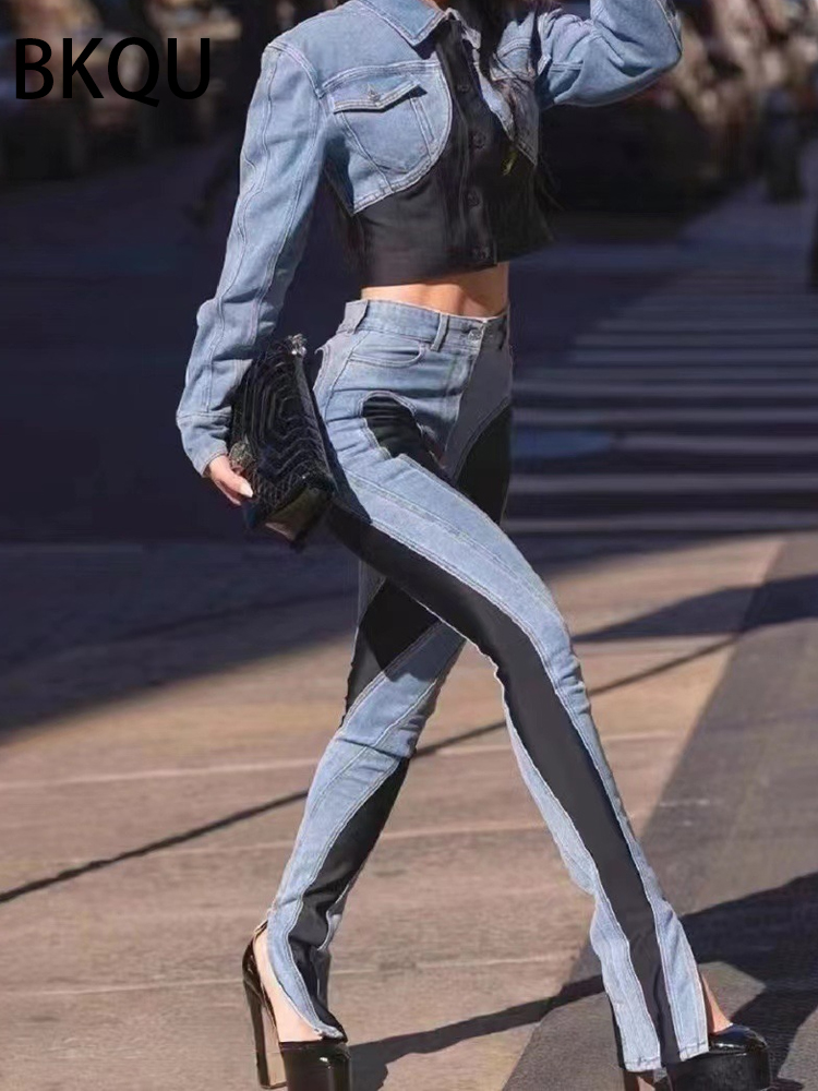 BKQU กางเกงยีนส์ผู้หญิงกางเกงดินสอ 2023 แฟชั่นเอวสูงสัญญาสี Patchwork แยกยาว DENIM กางเกงกางเกงผอม