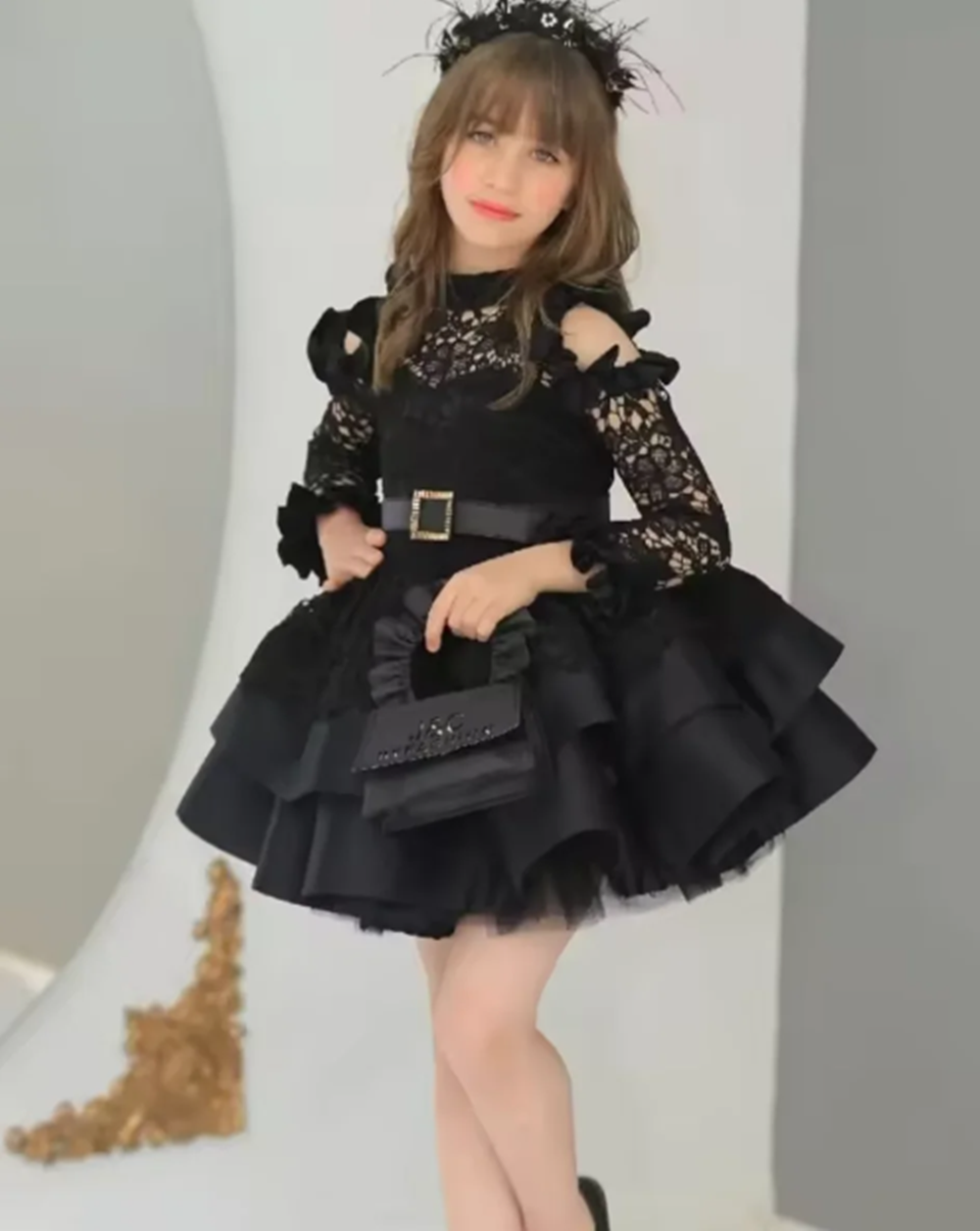 Robe de fille de fleur pour fille de Communion mignonne princesse col haut avec manches d'illusion dentelle Corest jupe moelleuse robe de bal partie formelle