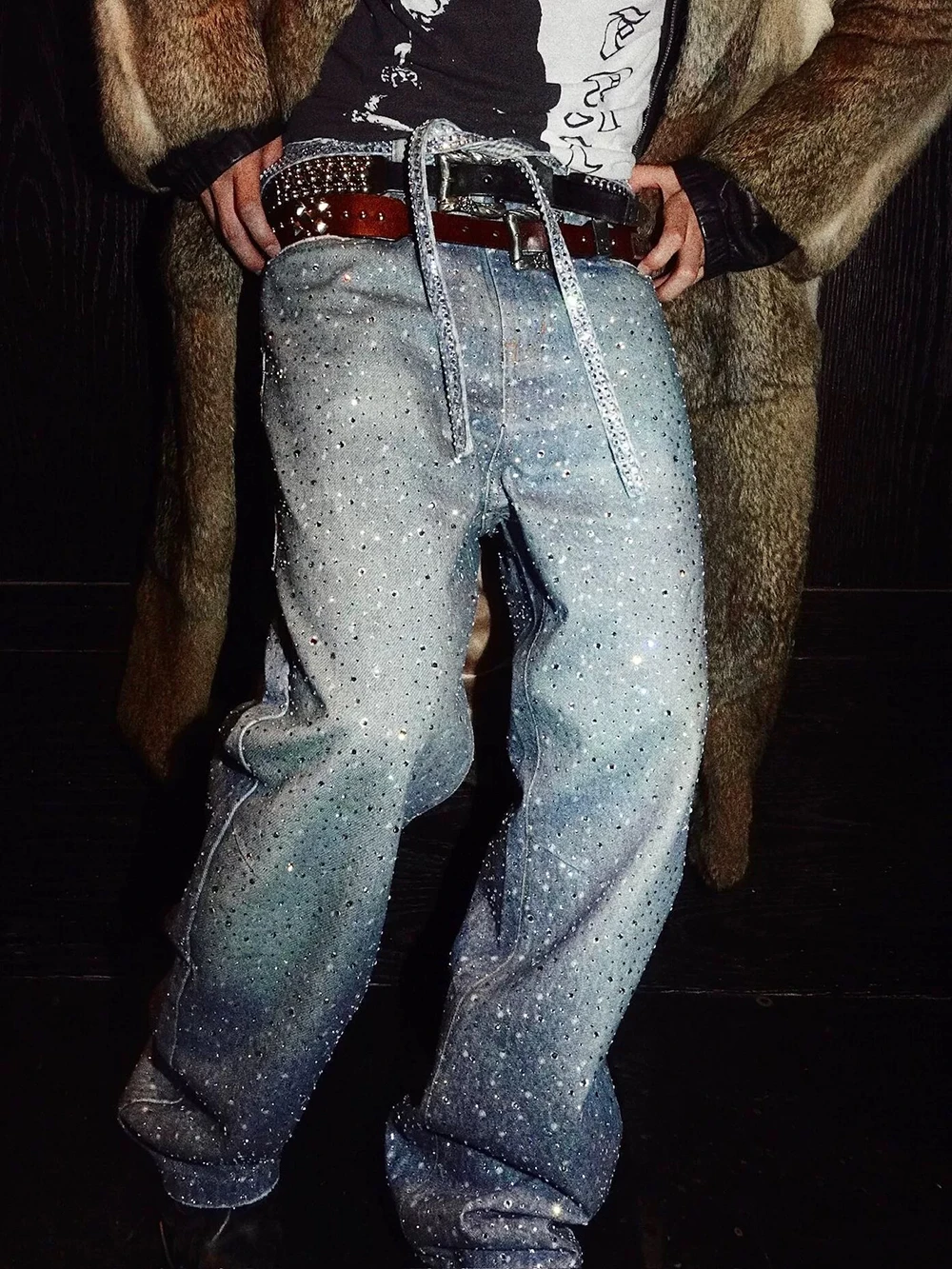 フルラインストーンプリントウォッシュブルーだぶだぶのジーンズメンズと女性 Ropa Hombre ストリート固体カジュアルデニムパンツルーズカーゴ