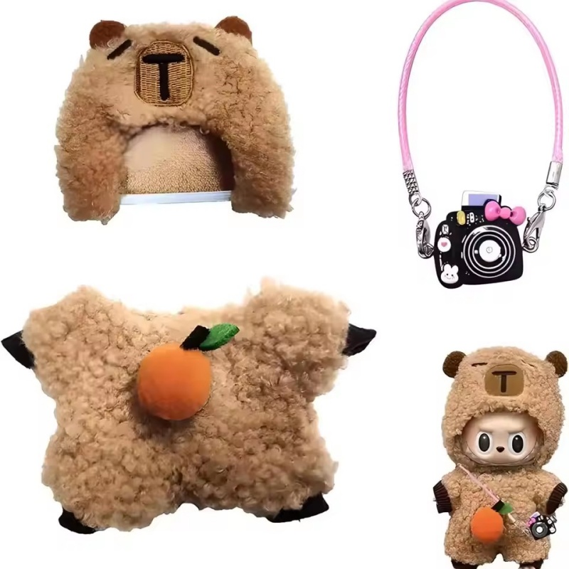 Roupas de boneca para 17cm labubu capibara conjunto macacão kawaii headwear câmera 3 unidades/pacote boneca de algodão de pelúcia vestir-se jogo decoração