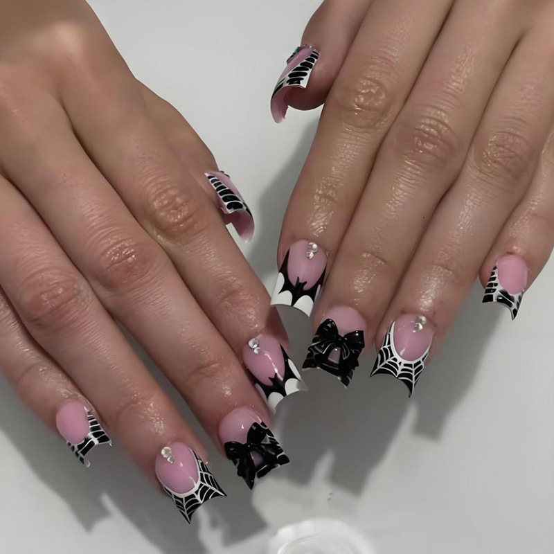 24 Uds uñas postizas de estilo francés rosa diseños de lazo 3D prensa cuadrada corta en uñas dulce moda coreana uñas postizas para mujeres y niñas