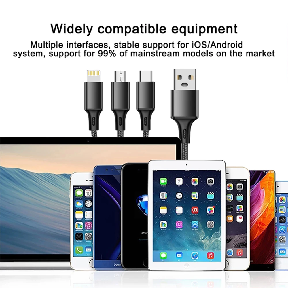 3-in-1-USB-Ladegerät, Schnellladekabel, Typ C, Micro LIGHTNING, Multi-Ladekabel für iPhone, Huawei, Samsung, geflochtenes Nylonkabel