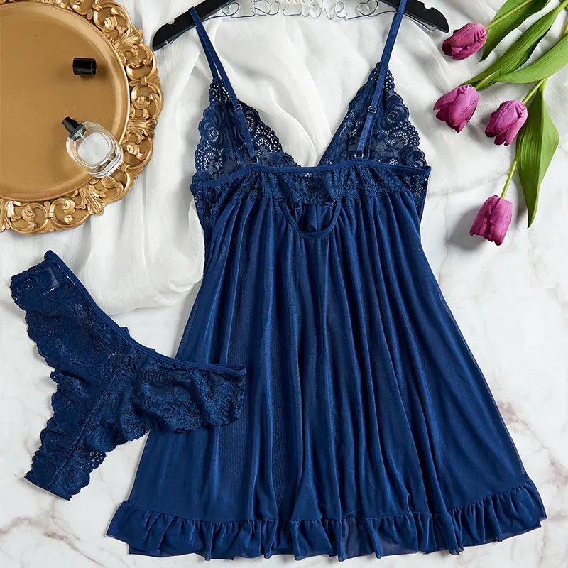 Suspensórios de tule azul renda com decote em v camisola para mulheres lingerie roupa interior transparente mini vestido tanga conjunto camisolas