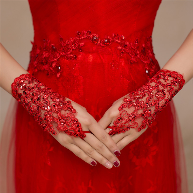 Elegant ลูกไม้สีขาวถุงมือลูกปัดถักโครเชต์ลูกไม้ถุงมือเสื้อผ้าอุปกรณ์เสริมเลื่อม Applique ถุงมือเจ้าสาว Fingerless ถุงมือใหม่